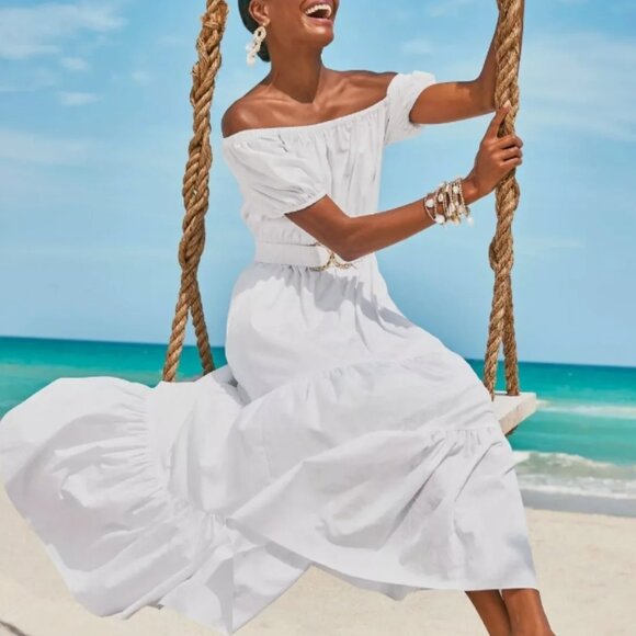Lilly Pulitzer Dresses & Skirts - LILLY PULITZER Nessa Off the Shoulder Maxi Dress Medium White Jungle Cabana